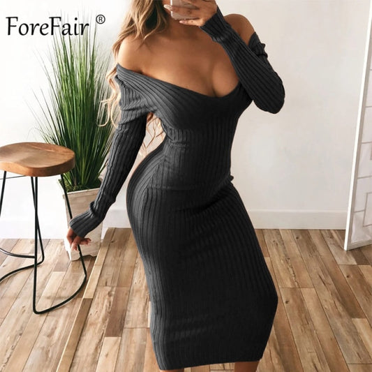 Long Sleeve V Neck Bodycon Ribbed Knit Dress