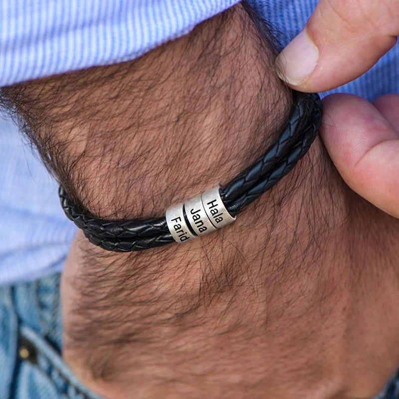 Custom Mens Braided Genuine Leather Bracelet