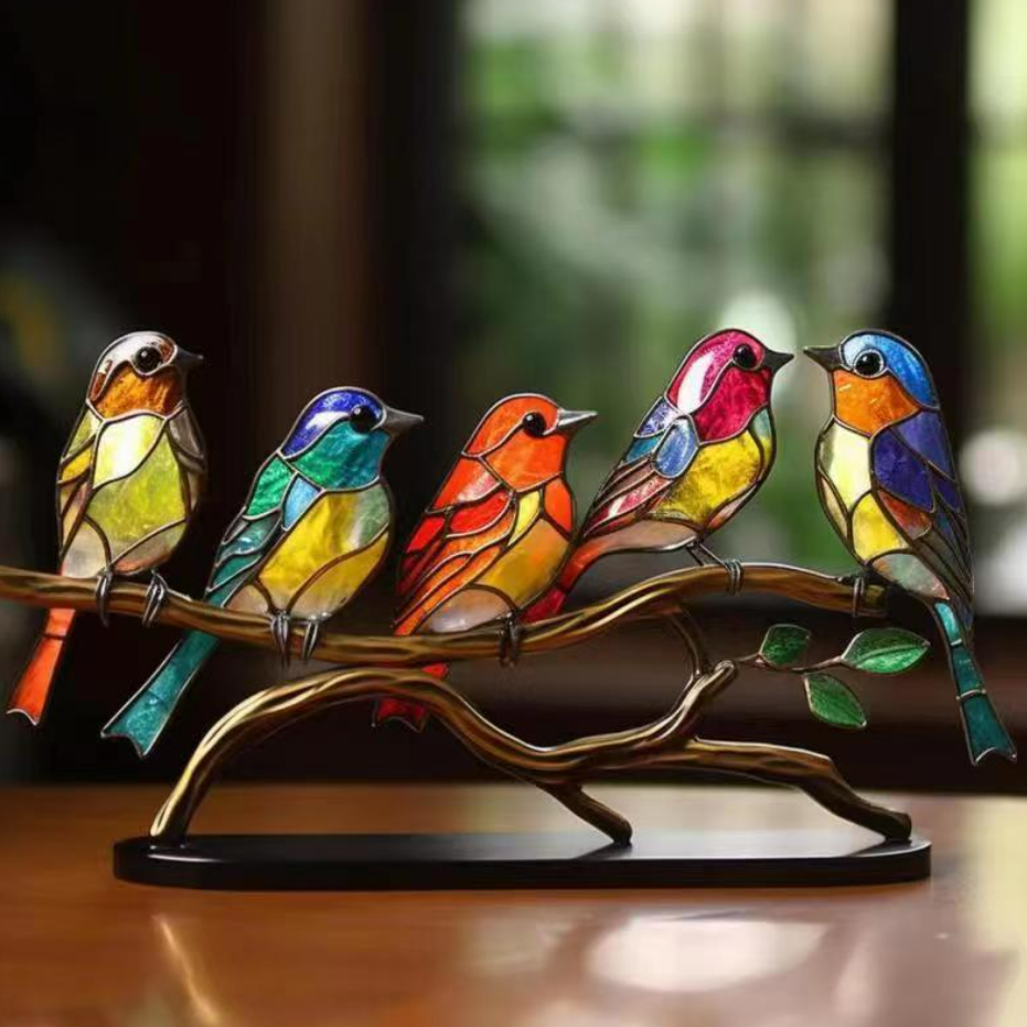 Stained Birds On Branch Desktop Ornaments For Bird Lover Home Decor