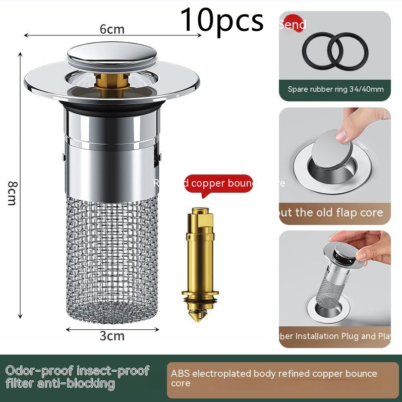 Long Pop-Up Sink Drains Filter Bathroom Press Bounce