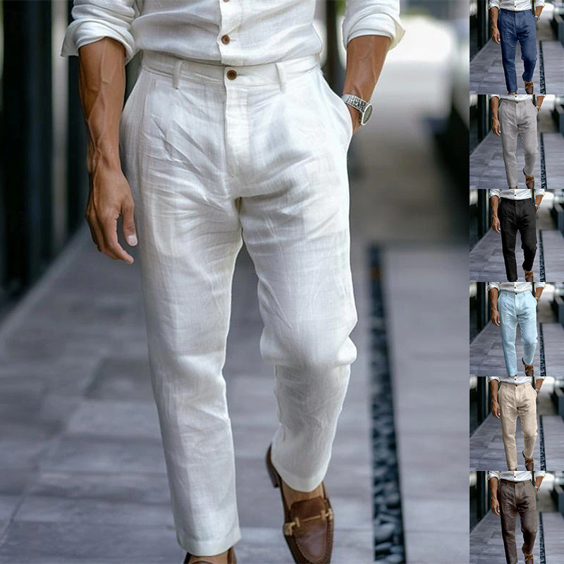 Men's Linen Trousers Solid Color Breathable Casual Pants