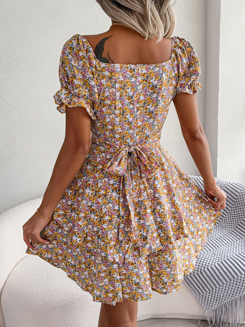 Women Mini Dress Temperament Big Swing Loose Hem Flower