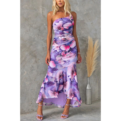 Flowers Print One-shoulder Dress Summer INS Casual