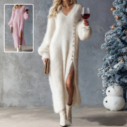 Chic Split Knitted Dress With Buttons Design Winter V-Neck