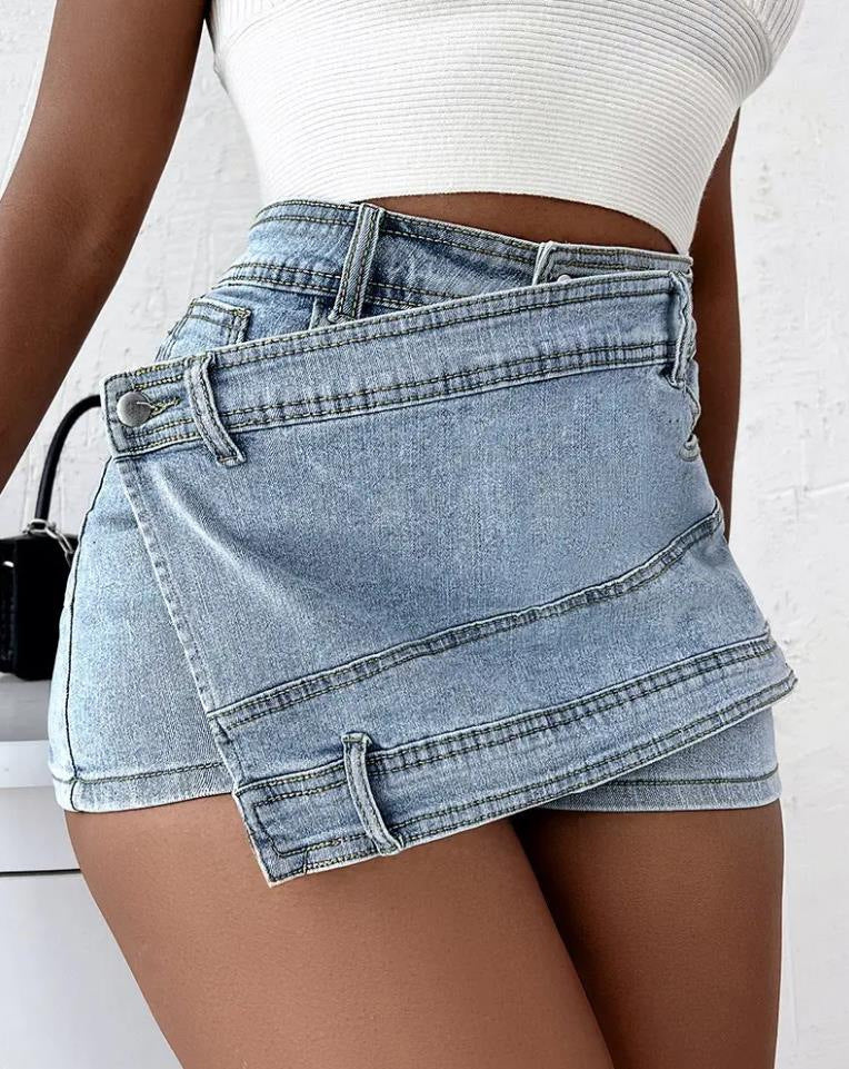 Y2K Street Vintage Denim Shorts Stretch Overlap Waist Wrap