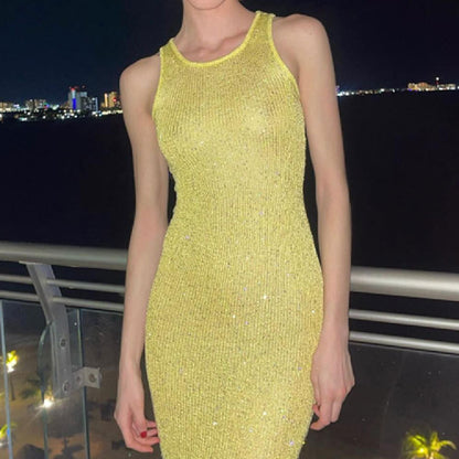 Fashion Sequin Sleeveless Knitted Dress Sexy Slim