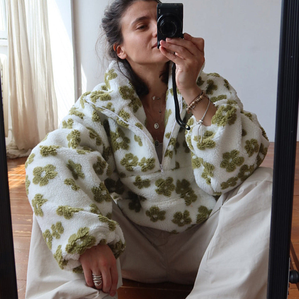 Winter Flowers Lambskin Sweatshirt With Big Pocket