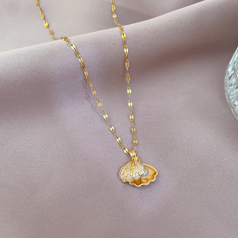 Shell Pearl Necklace With Rhinestones Jewelry