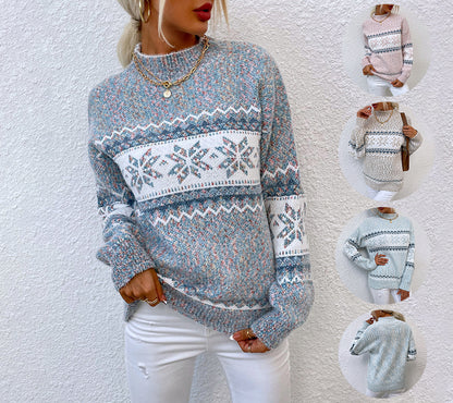 Winter Snowflake Sweater Fashion Half Turtleneck Pullover