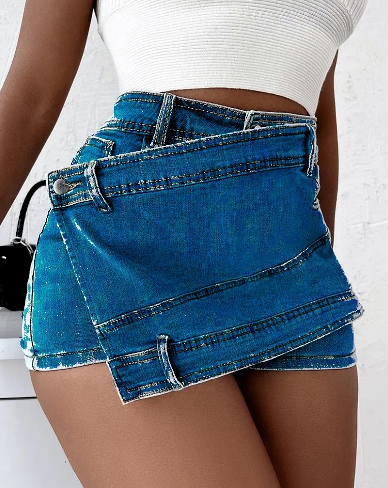 Y2K Street Vintage Denim Shorts Stretch Overlap Waist Wrap