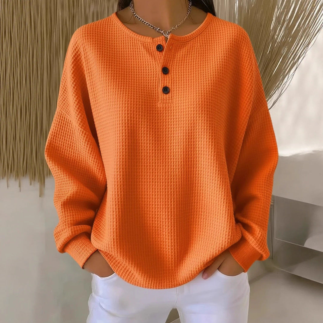 Ins Waffle Long-sleeved T-shirt Fashion Solid Color Buttons