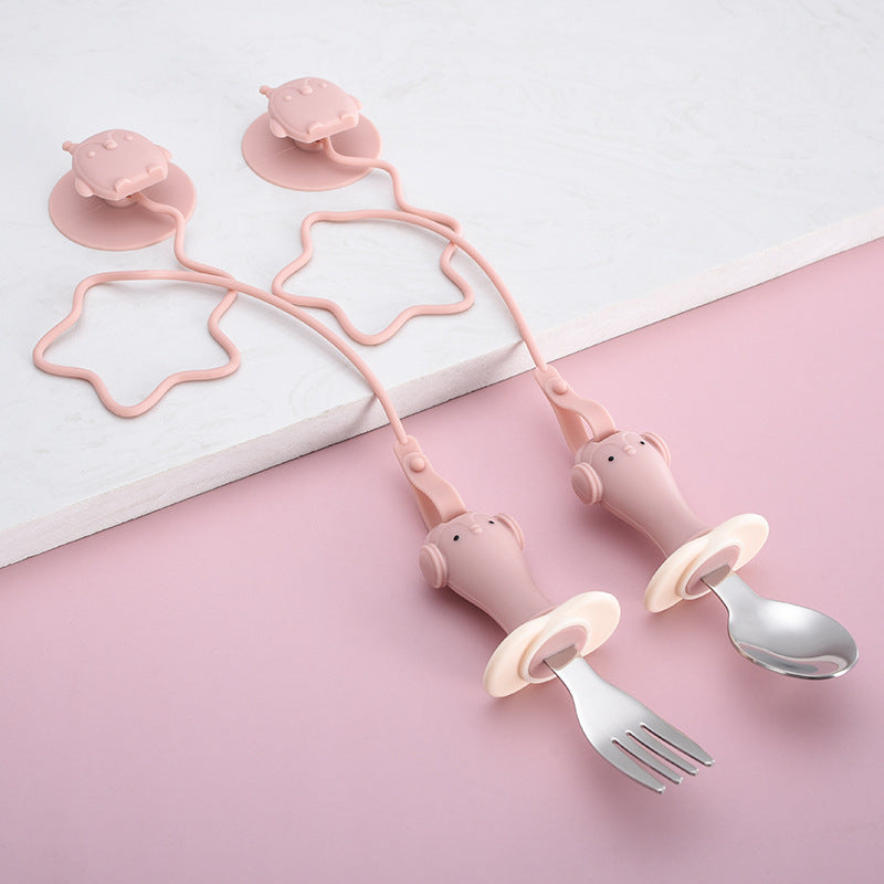 Infant Stainless Steel Training Spoon Fork Silicone Anti-drop Children's Spoon Suction Cup Anti-drop Chain
