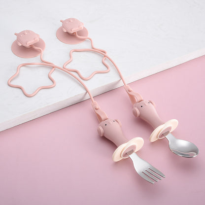Infant Stainless Steel Training Spoon Fork Silicone Anti-drop Children's Spoon Suction Cup Anti-drop Chain