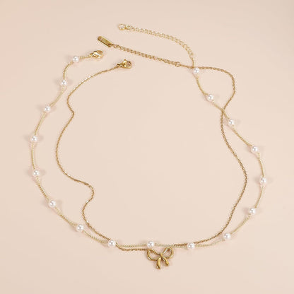 Simple Pearl Double Layer Choker Fashion Gold Color Necklaces Chain
