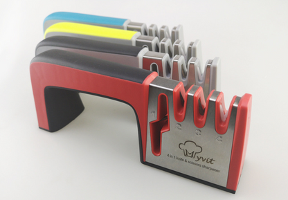 A Four-in-one Family Uses A Sharpener To Sharpen A Kitchen Knife