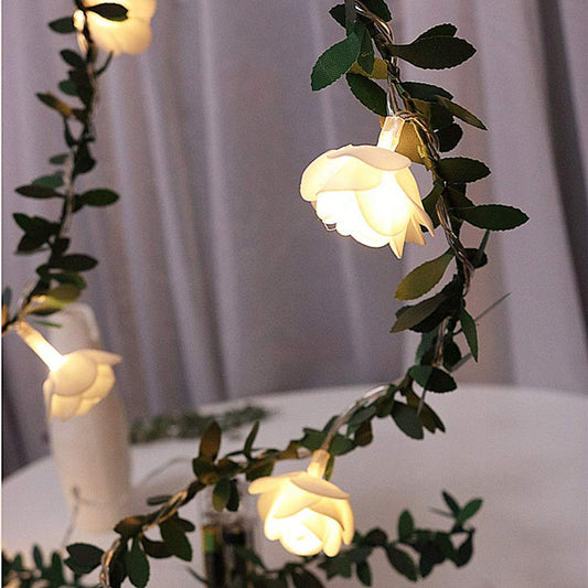 Rose Flower Vine String LED Lights Decoration Green Leaf Garland