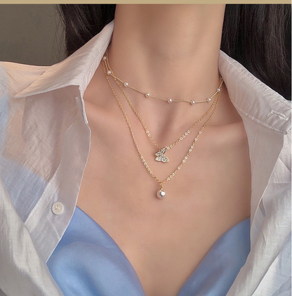 Multilayer Pearl Butterfly Necklace