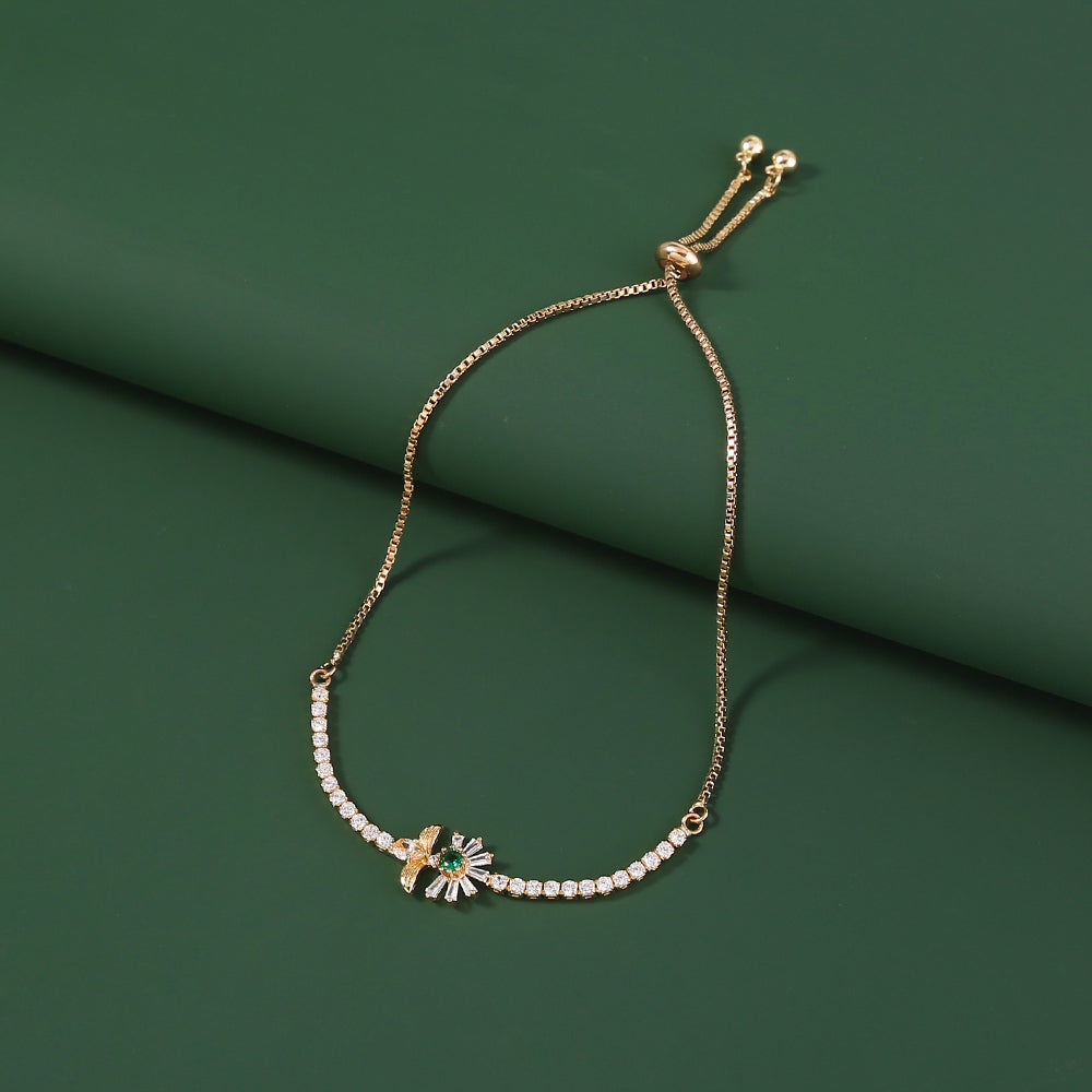 Copper Bee Chrysanthemum Gold Plated White Zircon Adjustable Pull Bracelet