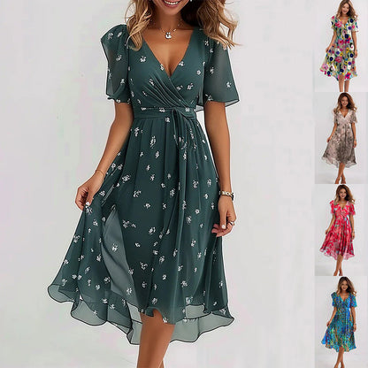 Chiffon Printed Short Sleeve Dress Summer Elegant