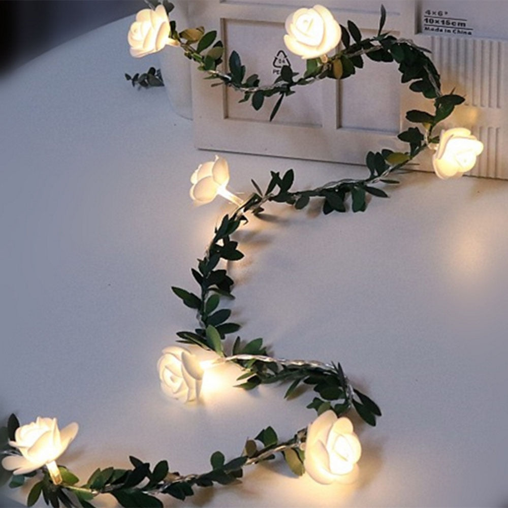 Rose Flower Vine String LED Lights Decoration Green Leaf Garland
