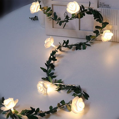 Rose Flower Vine String LED Lights Decoration Green Leaf Garland