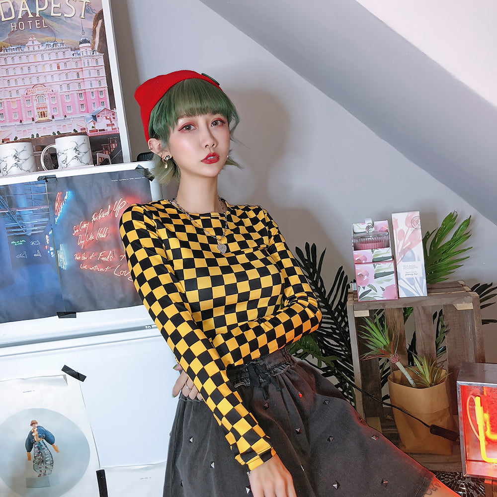 Yellow black plaid slim tight bottoming shirt girl tide long sleeve shirt