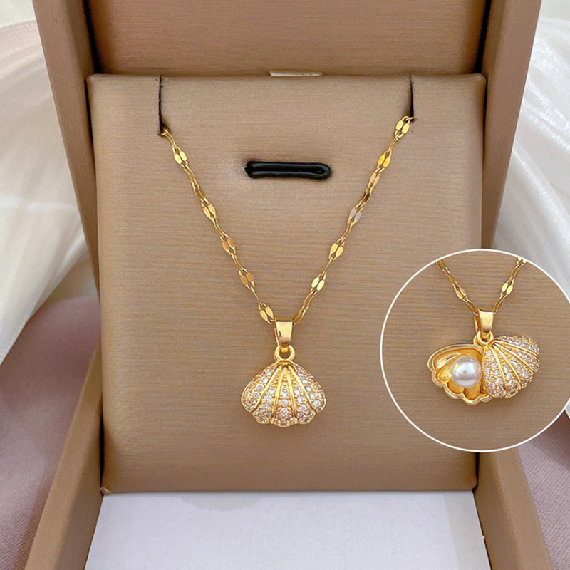 Shell Pearl Necklace With Rhinestones Jewelry