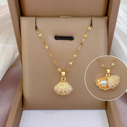 Shell Pearl Necklace With Rhinestones Jewelry