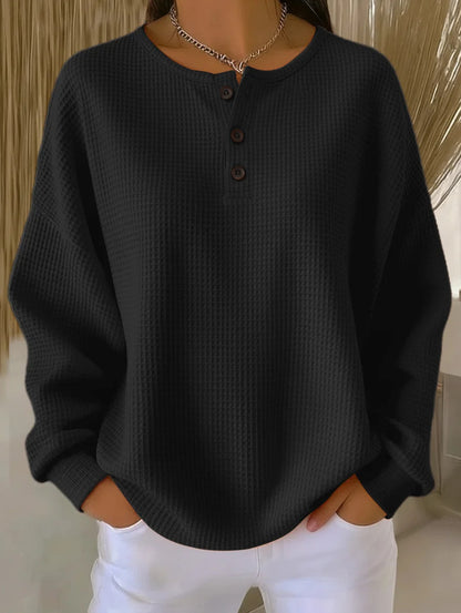 Ins Waffle Long-sleeved T-shirt Fashion Solid Color Buttons