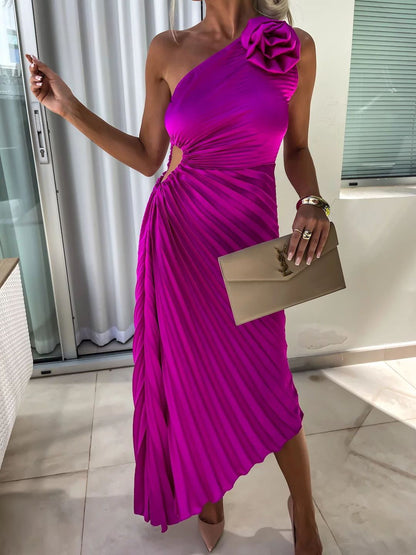 Ins Pleated One-shoulder Dress With Big Rose Flower