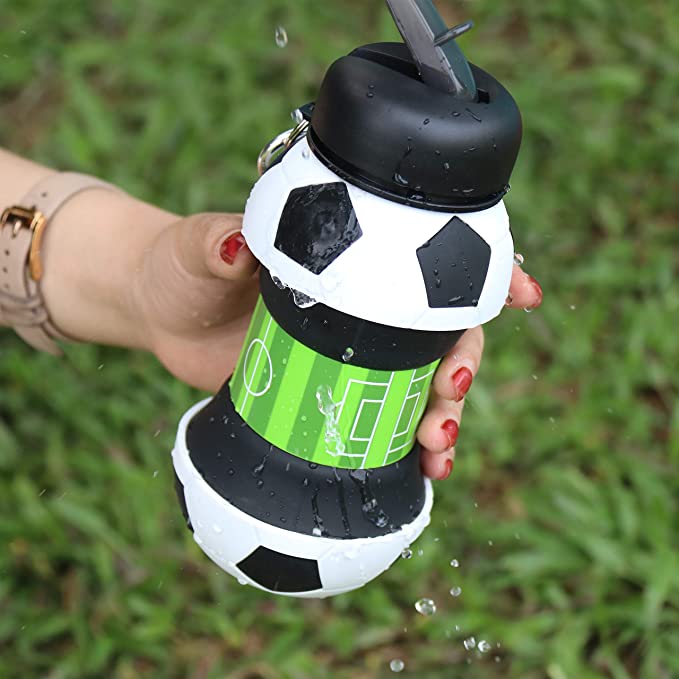 ﻿Football Soccer Silicone Water Bottle with Straw Foldable Collapsible