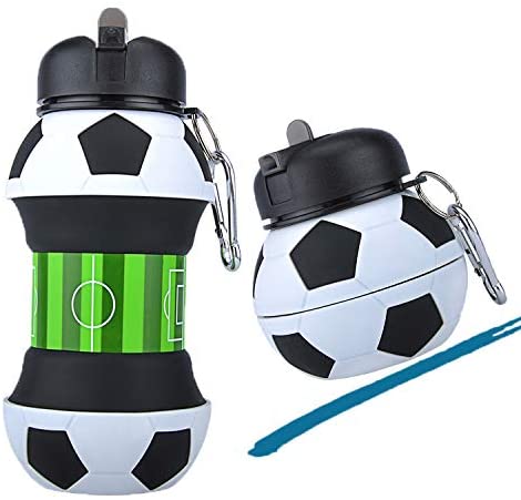 ﻿Football Soccer Silicone Water Bottle with Straw Foldable Collapsible