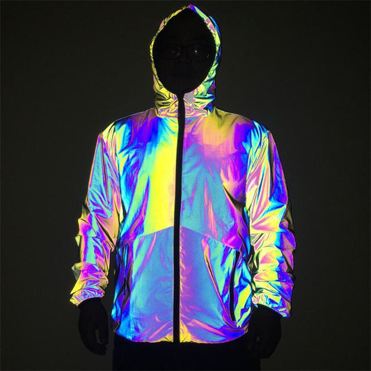 ﻿Men Reflective Hooded Jacket Casual Night Colorful Windbreaker Coats