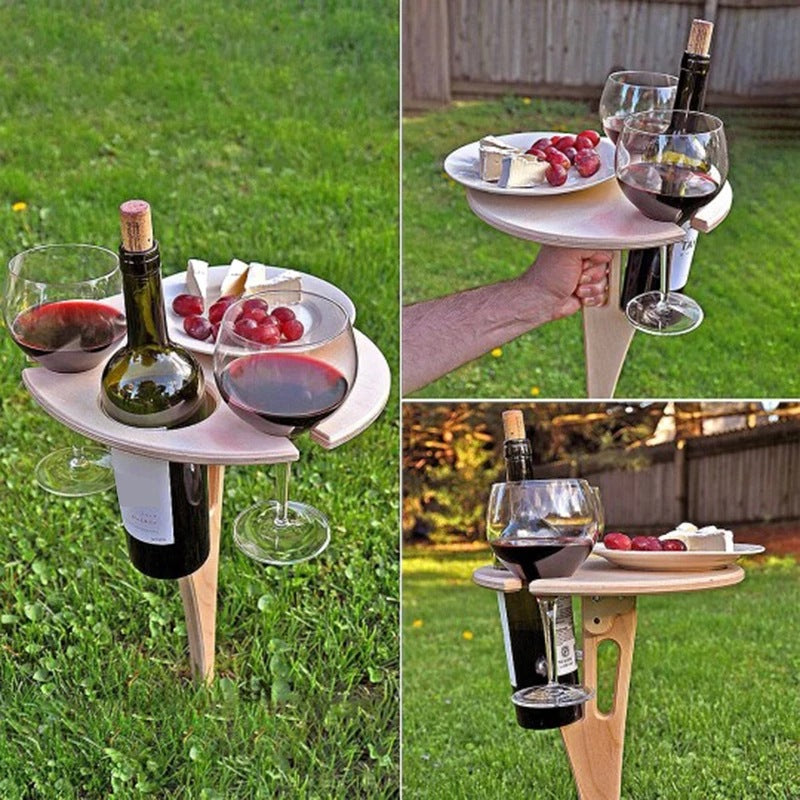 Portable Wine Table With Folding Round Table, Mini Wooden Picnic Table