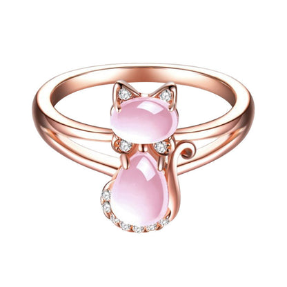 Rose Gold Plated Crystal Cute Animal Cat Ring Hibiscus Stone