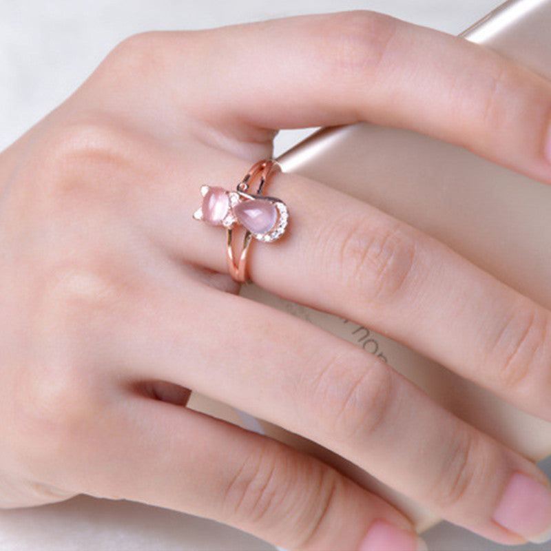 Rose Gold Plated Crystal Cute Animal Cat Ring Hibiscus Stone