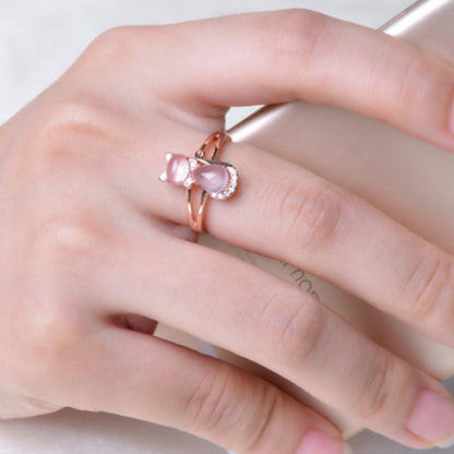 Rose Gold Plated Crystal Cute Animal Cat Ring Hibiscus Stone