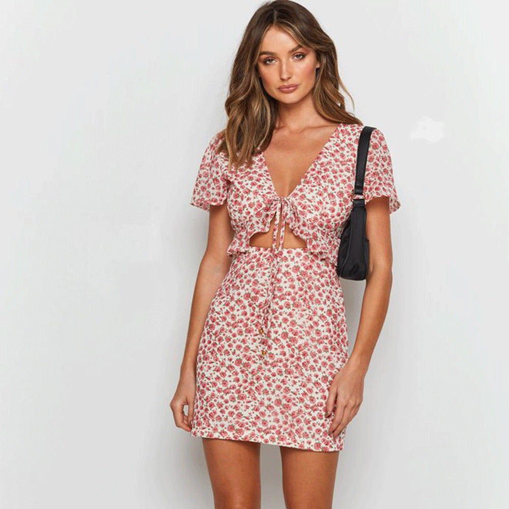 A-line Skirt High Waist Short Sleeve Floral Dress