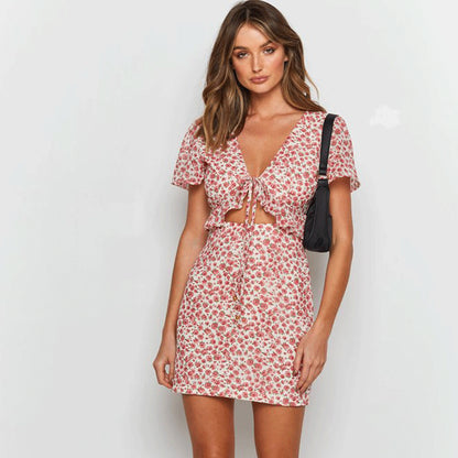 A-line Skirt High Waist Short Sleeve Floral Dress
