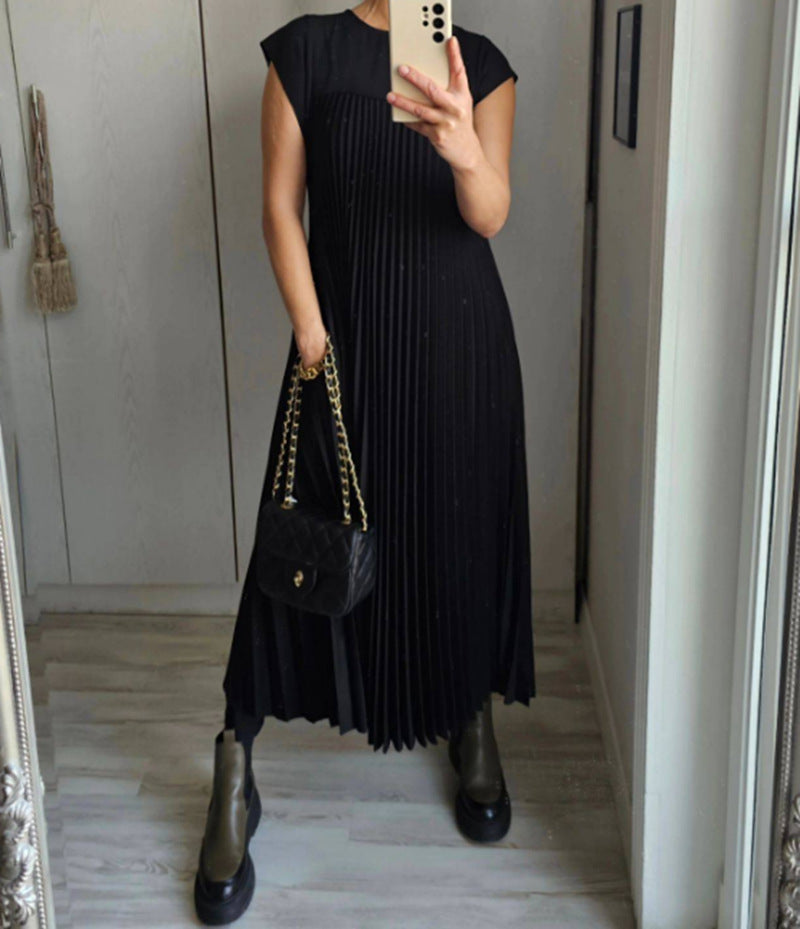 Short Sleeve Pleated Long Dress Summer Round Neck Dress Women's Clothing