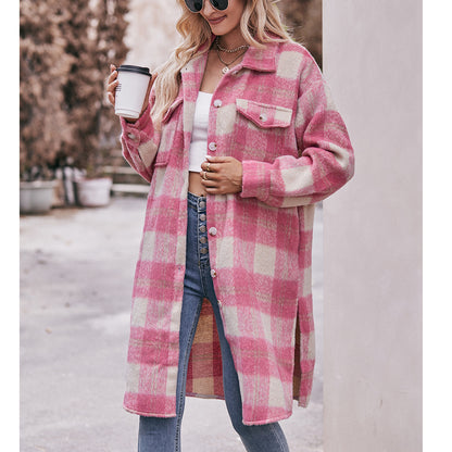 Long-cut Coat Mohair Plaid Coat