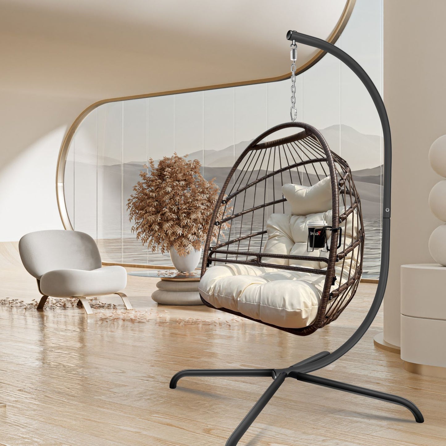 Swing Egg Chair With Stand Indoor Outdoor, UV Resistant Cushion