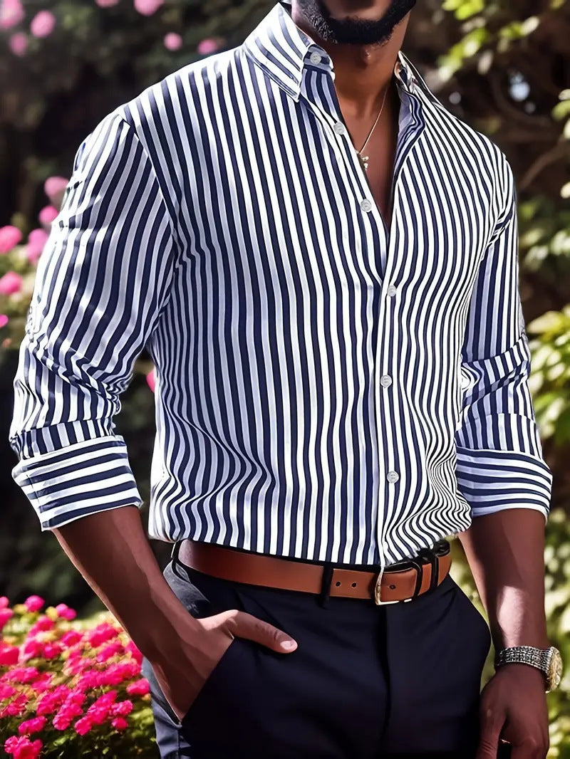 Ins Stripe Printed Long Sleeve Shirt Men Fashion