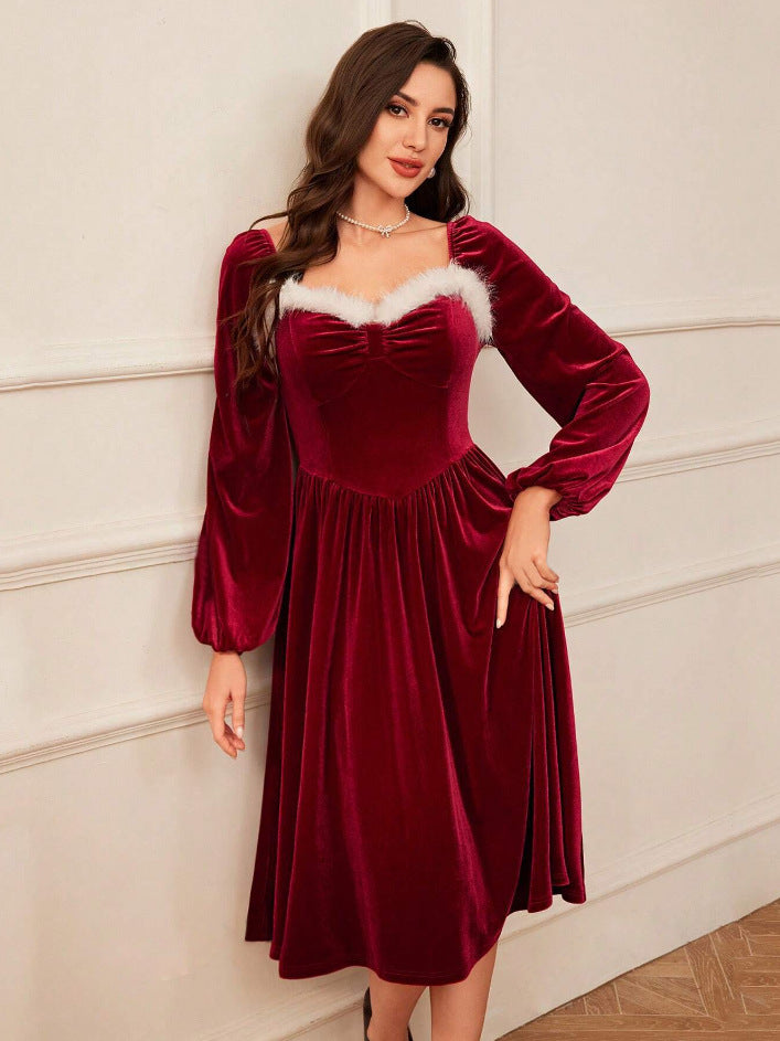 Women's Vintage Christmas Party Long Sleeve Red Velvet Dress