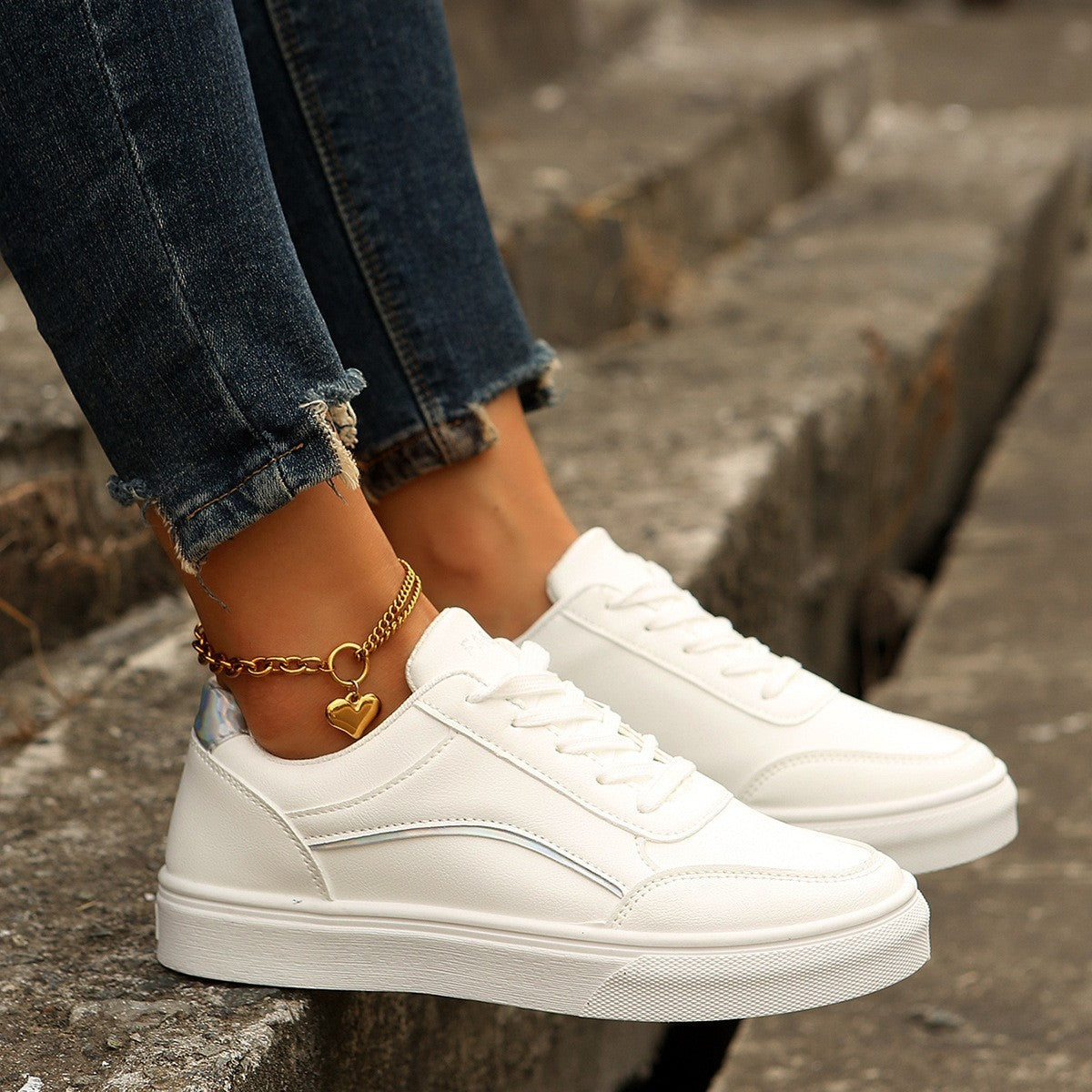 Lace-up White Flats Shoes Fashion Round Toe Slip-on