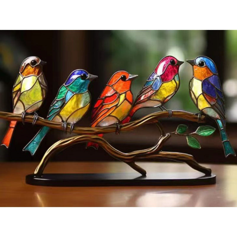 Stained Birds On Branch Desktop Ornaments For Bird Lover Home Decor