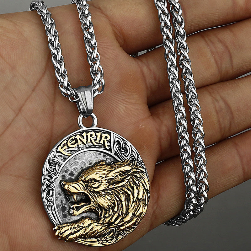 Viking Golden Wolf Fenrir Titanium Steel Pendant Nordic Letters