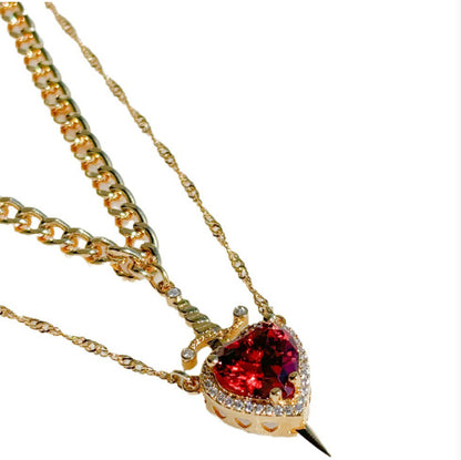 New Heart And Sword Necklace Set Gold Color Stainless Steel