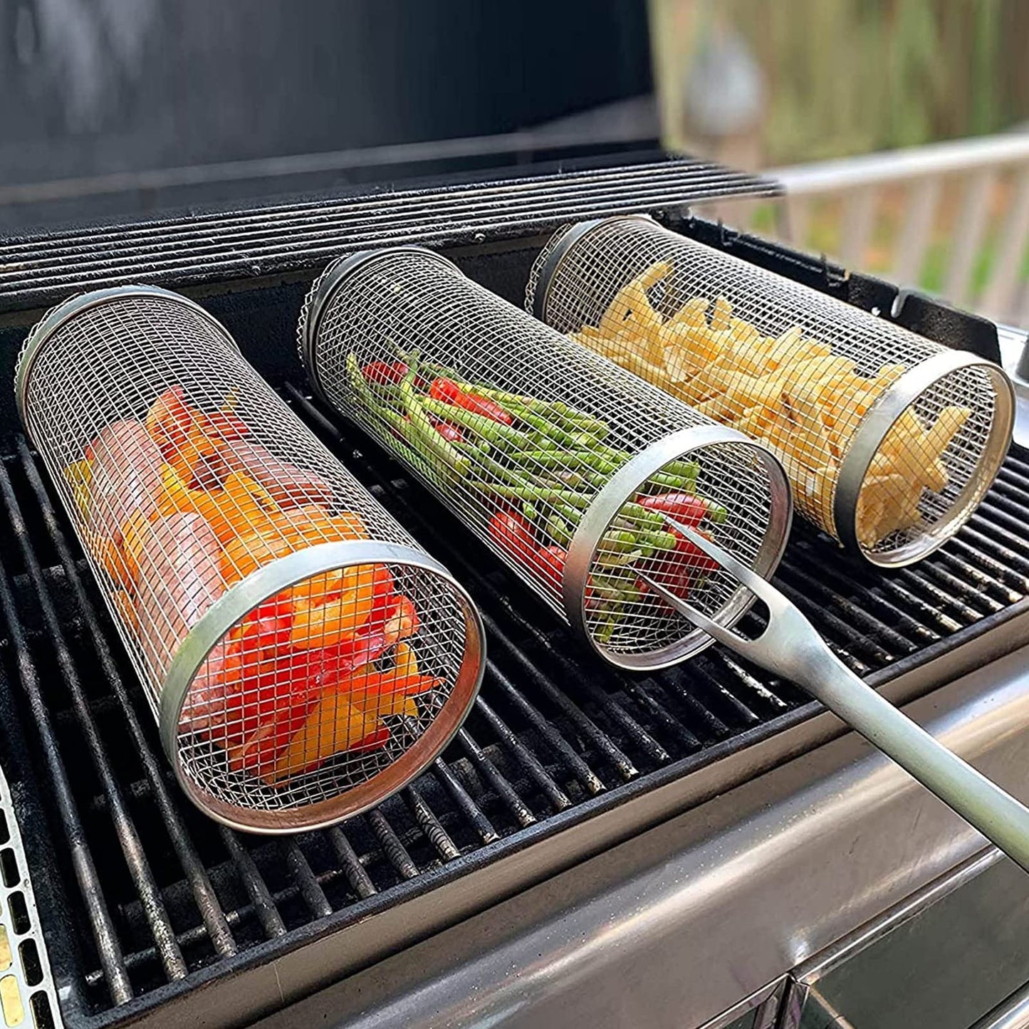 Rolling Grilling Basket Metal BBQ Barbecue Basket Net Portable Outdoor