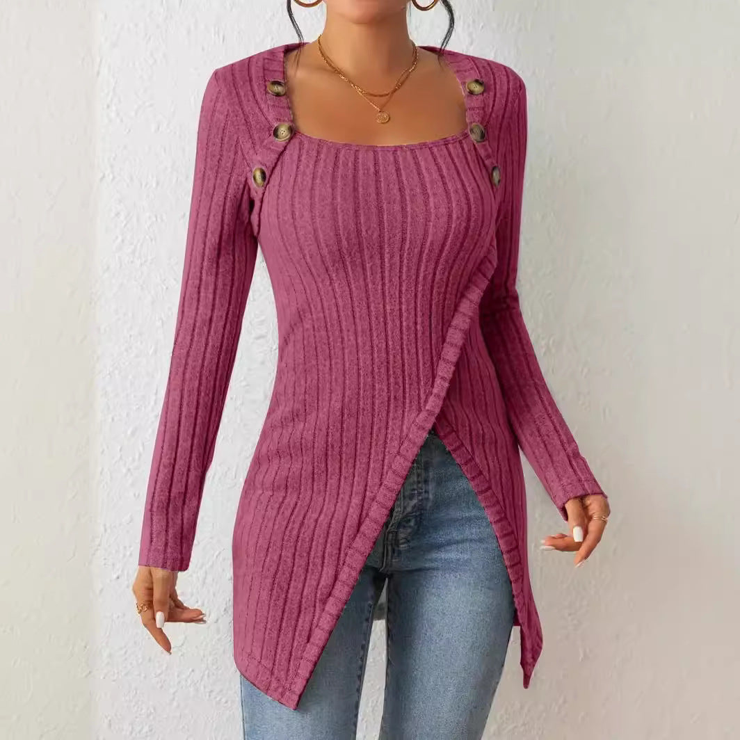 Square Collar Irregular Knitted Top With Button Design Fashion